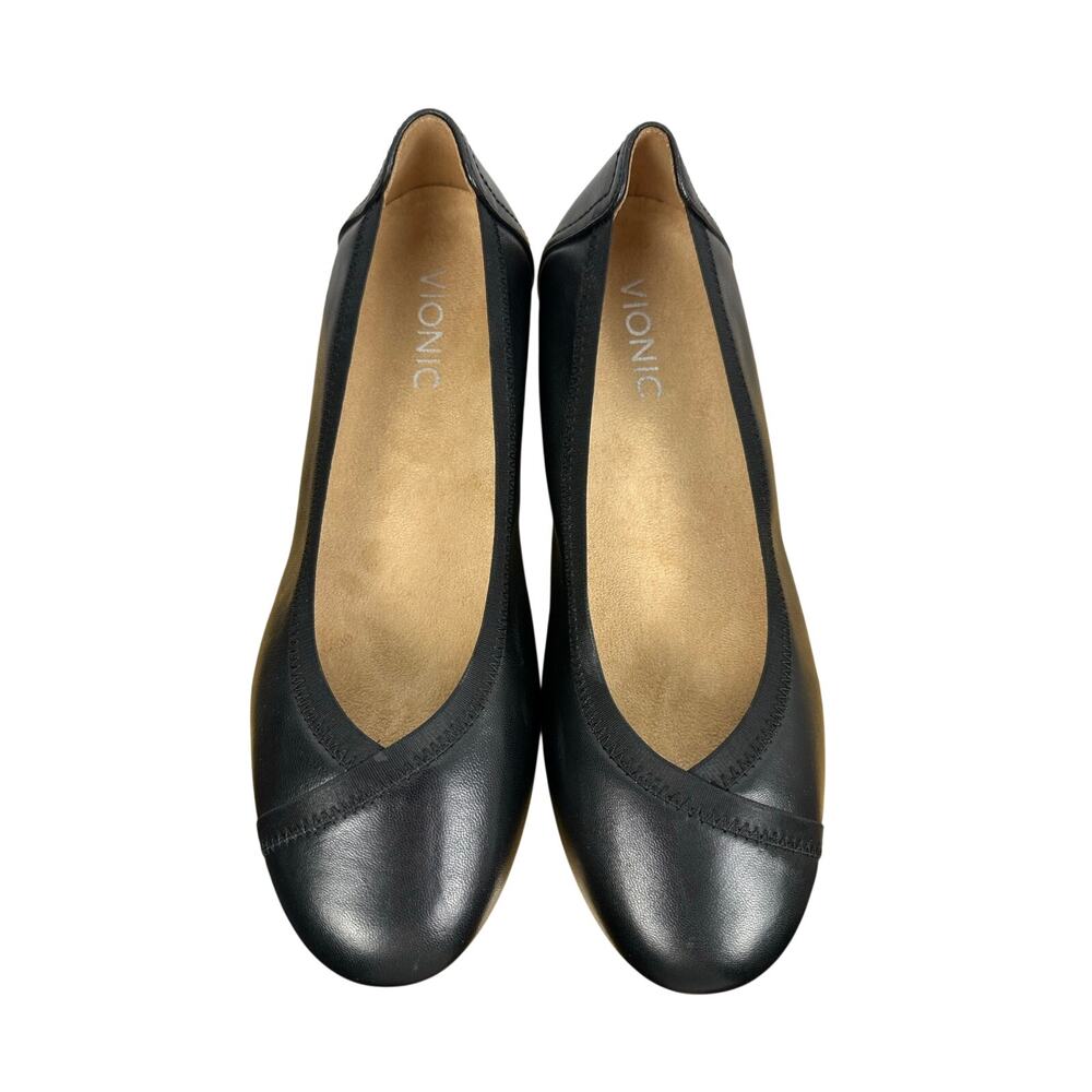 Vionic Caroll Black Leather Ballet Flats Women's Comfort Orthotic Cap Toe 7.5